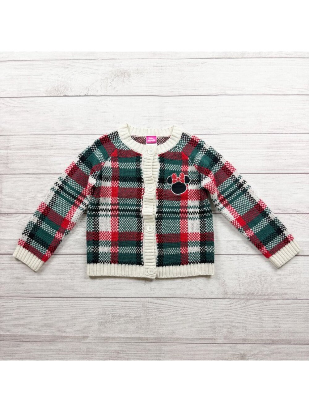 Disney Junior Minnie Mouse Kids Plaid Knit Cardigan Red Green White 5T
